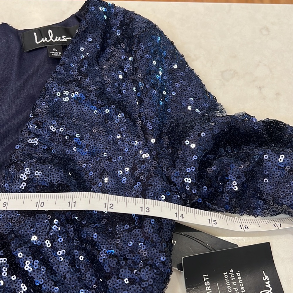 Lulu's Navy Sequin Long Sleeve V-Neck Prom Dress - Picture 6 of 9